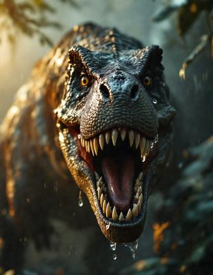 Primary subject: Dinosaur
Setting/background: Rainy forest
Visual style: Digital art
Colors and mood: Dark, moody, and intense