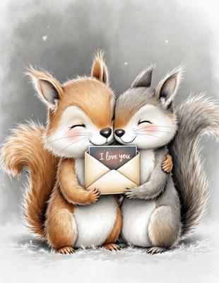 The image features two cute, fluffy squirrels hugging each other while holding a piece of paper. The paper has the words "I love you" written on it. The scene is set in a snowy environment, with the squirrels standing on a snow-covered ground. The visual style of the image is a combination of digital art and illustration, creating a warm and affectionate atmosphere.