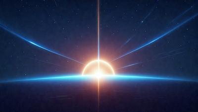 The primary subject of the image is a sunrise, with the sun rising above the horizon. The setting is a dark, star-filled sky, creating a dramatic contrast with the sun's light. The visual style is a digital art or illustration, capturing the beauty of the sunrise. The colors are predominantly warm and cool tones, with the sun's light being the main source of warmth, while the dark sky and stars provide the cooler tones. The overall atmosphere is serene and peaceful, as the sun rises and illuminates the sky.