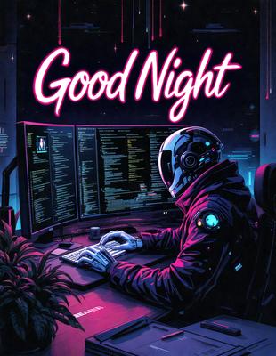The primary subject of the image is a man sitting at a desk in front of a computer. He is wearing a black jacket and a helmet, giving him a futuristic appearance. The setting is a room with a desk and a computer monitor, and the visual style is a digital art or illustration. The colors and mood of the image are predominantly dark and moody, with the man's outfit and the overall atmosphere contributing to the futuristic theme.