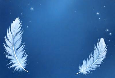 The primary subject of the image is a pair of white feathers, which are the main objects in the scene. The setting is a blue sky, creating a serene and peaceful atmosphere. The visual style is a digital art, as the feathers are depicted in a stylized manner. The colors and mood of the image are predominantly blue, with the white feathers adding a touch of elegance and simplicity to the scene.