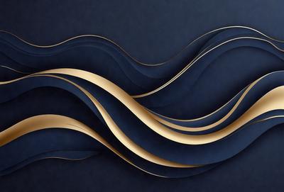 The primary subject of the image is a large, intricate, and colorful design that resembles a wave. The design is made up of gold and blue colors, creating a visually striking and dynamic effect. The setting is a dark blue background, which contrasts with the vibrant colors of the wave design. The visual style of the image is a combination of digital art and illustration, showcasing the artist's skill in creating a complex and detailed pattern. The overall atmosphere of the image is energetic and captivating, with the gold and blue colors evoking a sense of movement and dynamism.