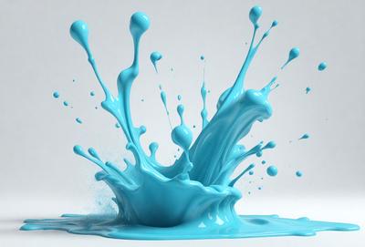 The primary subject of the image is a blue liquid, possibly a paint or a dye, splashing and spreading across a white surface. The setting appears to be a studio or a workspace, as the liquid is being intentionally spilled or poured onto the white background. The visual style of the image is a combination of photo and digital art, as it captures the motion and flow of the blue liquid. The colors and mood of the image are predominantly blue, creating a sense of calmness and tranquility.