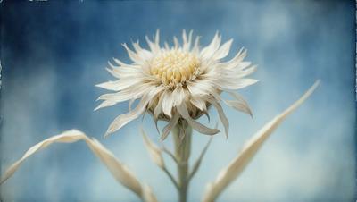 The primary subject of the image is a white flower with a yellow center, sitting in a blue background. The visual style of the image is a photo, capturing the beauty of the flower in its natural environment. The colors and mood of the image are predominantly blue and white, creating a serene and calming atmosphere.
