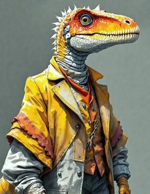 The primary subject of the image is a dinosaur-like creature, possibly a dragon or a similar creature, wearing a yellow jacket. The setting is a gray background, which contrasts with the vibrant yellow jacket. The visual style appears to be a combination of digital art and illustration, creating a unique and eye-catching image. The colors and mood of the image are predominantly yellow, giving it a warm and lively atmosphere.
