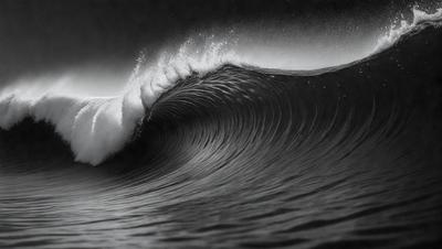 The primary subject of the image is a large wave in the ocean. The wave is crashing down, creating a powerful and dynamic scene. The setting is the ocean, with the wave being the main focus of the image. The visual style is a black and white photo, which adds a sense of drama and intensity to the scene. The dominant colors are shades of gray, black, and white, creating a moody and dramatic atmosphere.