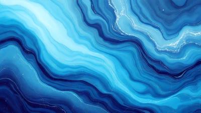 The primary subject of the image is a blue and white ocean wave. The setting is the ocean, with the wave crashing against the surface. The visual style is a digital art or illustration, creating a vibrant and dynamic scene. The dominant colors are blue and white, with the blue wave and white foam, creating a serene and calming atmosphere.