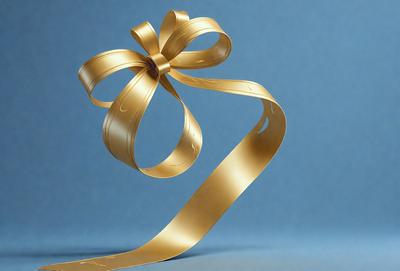 The primary subject of the image is a gold bow, which is the main object, scene, or focus of the image. The setting is a blue background, and the visual style is a photo. The colors and mood of the image are predominantly gold and warm, creating a sense of elegance and sophistication.