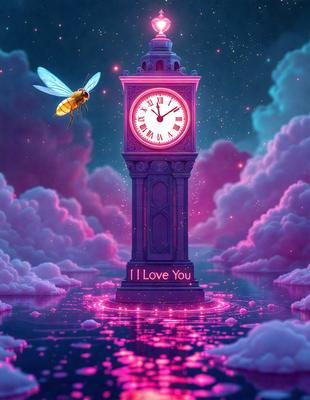 The primary subject of the image is a large clock tower with a yellow clock face. The scene is set in a pink and purple sky, giving the image a whimsical and dreamy atmosphere. The visual style appears to be a digital art or illustration, as the clock tower and the surrounding clouds are depicted in a detailed and artistic manner. The colors and mood of the image evoke a sense of love and affection, as the clock tower is adorned with the words "I Love You."