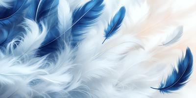 The primary subject of the image is a close-up of a white feather. The setting is a white background, which creates a clean and minimalistic visual style. The image is a digital art or illustration, showcasing the intricate details of the feather. The dominant colors are white and blue, giving the image a serene and calming atmosphere.