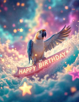 The primary subject of the image is a colorful parrot, which is the main focus of the scene. The parrot is sitting on a sign that reads "Happy Birthday." The setting is a colorful, vibrant background that adds to the festive atmosphere. The visual style of the image is a combination of photo and digital art, creating a unique and eye-catching presentation. The colors and mood of the image are lively and cheerful, with the parrot and the "Happy Birthday" sign being the main sources of brightness and positivity.
