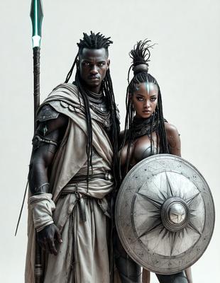 The primary subject of the image is a man and a woman standing together, with the man holding a shield. They are dressed in costumes, suggesting that they might be attending a themed event or participating in a performance. The setting appears to be a studio or a controlled environment, as the couple is posing for a picture. The visual style of the image is a combination of digital art and illustration, creating a unique and artistic representation of the man and woman. The colors and mood of the image are predominantly dark, with a touch of silver and gold, giving it a dramatic and mysterious atmosphere.