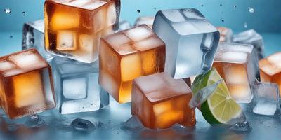 The primary subject of the image is a group of ice cubes. They are placed on a blue surface, which could be a table or a counter. The ice cubes are of various sizes and shapes, creating a visually appealing display. The overall atmosphere of the image is cool and refreshing, as the ice cubes are associated with cold beverages and summer treats.
