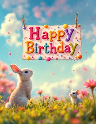 The primary subject of the image is a bunny, which is standing in a field of flowers. The setting is a beautiful, colorful, and vibrant environment, with a mix of pink and yellow flowers. The visual style of the image is a combination of photo and digital art, creating a whimsical and delightful atmosphere. The dominant colors in the image are pink and yellow, which contribute to the overall cheerful and happy mood.