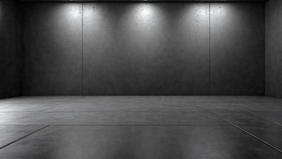 The primary subject of the image is a large, empty room with a gray cement floor. The room appears to be a warehouse or a storage area, as it is empty and devoid of any furniture or decorations. The setting/background consists of a gray cement wall, which adds to the industrial and minimalistic atmosphere of the room. The visual style of the image is a black and white photo, which further emphasizes the starkness and simplicity of the space. The colors and mood of the image are predominantly dark and moody, with the gray cement floor and wall creating a sense of emptiness and quietness.