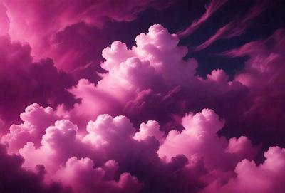 The primary subject of the image is a cloudy sky with pink clouds. The setting is a dark background, which contrasts with the pink clouds. The visual style is a combination of photo and digital art, creating a unique and artistic representation of the cloudy sky. The colors and mood of the image are predominantly pink, giving it a warm and serene atmosphere.