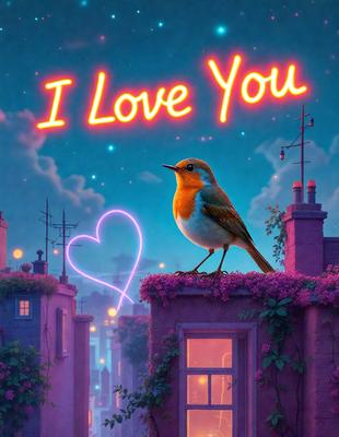 The primary subject of the image is a small bird perched on a pink building. The bird is surrounded by a heart-shaped neon sign, which adds a romantic touch to the scene. The setting is a cityscape, with the bird sitting on top of a building. The visual style of the image is a combination of digital art and illustration, creating a unique and eye-catching scene. The colors and mood of the image are predominantly pink and romantic, with the heart-shaped sign and the bird's presence evoking a sense of love and affection.