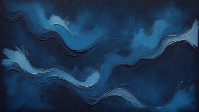 The primary subject of the image is a painting of a blue ocean with waves. The setting is a dark blue background, which contrasts with the lighter blue of the ocean waves. The visual style is a painting, which gives the image a more artistic and creative appearance. The dominant colors are blue, with the ocean waves being the most prominent feature. The overall atmosphere of the painting is serene and calming, as it captures the beauty of the ocean.