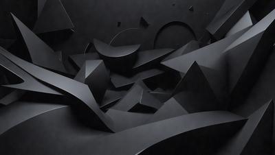 The primary subject of the image is a black and white artwork featuring a large number of geometric shapes and patterns. The setting is a dark background, which contrasts with the shapes and patterns, creating a visually striking composition. The visual style of the image is a combination of digital art and illustration, with the shapes and patterns appearing to be intricately crafted. The colors and mood of the image are predominantly black and white, with a sense of depth and complexity in the arrangement of the shapes and patterns.