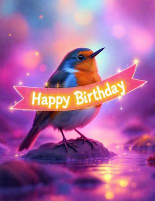 The primary subject of the image is a small bird, likely a robin, sitting on a rock. The bird is wearing a pink ribbon around its neck, adding a festive touch to the scene. The setting is a pink background, which complements the bird's color and creates a warm and inviting atmosphere. The visual style of the image is a combination of photo and digital art, giving it a unique and creative appearance. The colors and mood of the image are predominantly pink, which is associated with love, warmth, and celebration.