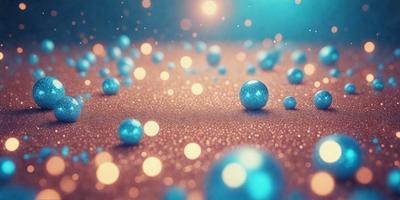The primary subject of the image is a collection of blue and gold spheres, which are scattered across a surface. The setting appears to be a dark background, possibly a night sky, with the spheres glowing against it. The visual style of the image is a combination of photo and digital art, creating a unique and captivating scene. The colors and mood of the image are predominantly blue and gold, giving it a warm and inviting atmosphere.