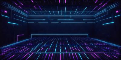 The primary subject of the image is a purple and blue neon-lit dance floor. The setting is a dark room with a purple and blue neon-lit background. The visual style is a digital art or illustration, creating a futuristic and vibrant atmosphere. The dominant colors are purple and blue, which contribute to the overall mood of the scene.