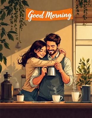 The primary subject of the image is a man and a woman hugging each other. They are both holding a coffee pot, which suggests that they are enjoying a morning coffee together. The setting is a cozy indoor space, possibly a kitchen or a living room. The visual style is a combination of digital art and illustration, creating a warm and inviting atmosphere. The colors are predominantly warm and earthy tones, such as brown, orange, and yellow, which contribute to the overall mood of the image.