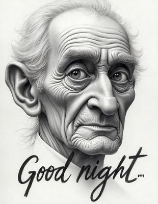 The primary subject of the image is an elderly man with a white beard and mustache. He is looking directly at the camera, and his expression appears to be somewhat stern. The setting is a black and white drawing, which gives the image a classic and timeless feel. The visual style is a detailed and realistic drawing, capturing the man's features and expressions. The colors and mood of the image are predominantly dark and moody, with the man's facial expression and the overall composition of the drawing contributing to the atmosphere.