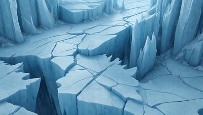 The primary subject of the image is a large, icy mountain with a crack in it. The setting is a snowy, icy environment, and the visual style is a digital art illustration. The dominant colors are blue and white, creating a cold and icy atmosphere.