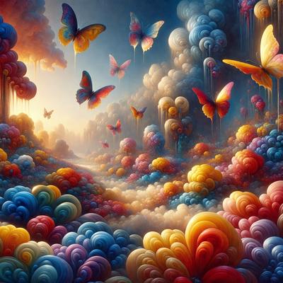 The primary subject of the image is a vibrant and colorful painting featuring a variety of butterflies and flowers. The setting is a whimsical and imaginative landscape, with the butterflies flying in the sky and the flowers blooming in the foreground. The visual style is a mix of digital art and illustration, creating a lively and dynamic scene. The colors and mood are predominantly bright and cheerful, with a sense of playfulness and creativity.