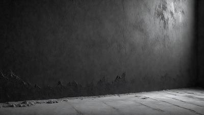 The primary subject of the image is a wall with a black background. The setting is a dark room, and the visual style is a black and white photo. The colors and mood of the image are dark and moody, creating a sense of mystery or drama.