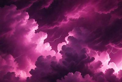 The primary subject of the image is a purple cloud with lightning bolts, creating a dramatic and intense atmosphere. The setting is a dark, cloudy sky, which serves as the backdrop for the cloud. The visual style is a digital art or illustration, as the cloud is depicted with a high level of detail and realism. The dominant colors are purple and pink, with the lightning bolts adding a contrasting white element. The overall mood of the image is intense and dramatic, evoking a sense of awe and wonder.