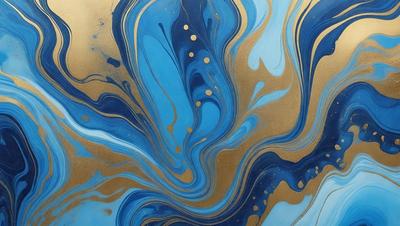 The primary subject of the image is a painting featuring a blue and gold color scheme. The setting is a canvas, and the visual style appears to be a combination of digital art and illustration. The painting has a vibrant and lively atmosphere, with the blue and gold colors creating a sense of depth and movement.