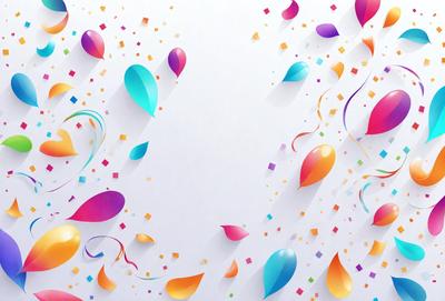 The primary subject of the image is a collection of colorful balloons, including rainbow-colored ones, floating in the air. The setting is a white background, which provides a clean and uncluttered appearance. The visual style is a combination of digital art and illustration, creating a vibrant and lively atmosphere. The colors and mood of the image are predominantly cheerful and celebratory, with the bright and varied colors of the balloons adding to the overall joyfulness of the scene.