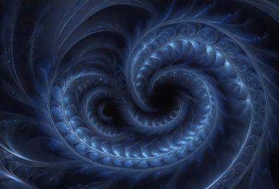 The primary subject of the image is a blue spiral pattern, which appears to be a digital art or illustration. The setting is a dark background, which contrasts with the blue spiral. The visual style is a combination of digital art and illustration, creating a unique and intricate design. The colors and mood of the image are predominantly blue, giving it a calm and serene atmosphere.