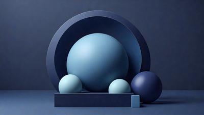 The primary subject of the image is a blue sphere, which is the main object in the scene. The setting is a dark background, which contrasts with the blue sphere. The visual style is digital art, as the image is a 3D digital artwork. The dominant colors are blue and black, creating a calm and serene atmosphere.