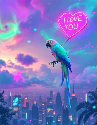 The primary subject of the image is a colorful parrot perched on a pink heart-shaped kite. The parrot is sitting on top of the kite, which is flying in the sky. The setting is a cityscape, with a skyline visible in the background. The visual style of the image is a digital art or illustration, featuring a vibrant and lively atmosphere. The dominant colors in the image are pink, blue, and green, which create a cheerful and playful mood.