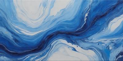 The primary subject of the image is a painting of a blue ocean with waves. The setting is a white background, and the visual style appears to be a digital art or illustration. The dominant colors in the painting are blue and white, creating a serene and calming atmosphere.