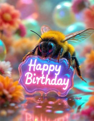 The primary subject of the image is a bee, which is the main object, scene, or focus of the image. The bee is standing on a sign that reads "Happy Birthday." The setting is a colorful and vibrant environment, with the bee surrounded by a variety of flowers. The visual style of the image is a combination of photo and digital art, creating a unique and eye-catching scene. The colors and mood of the image are bright, cheerful, and celebratory, as indicated by the "Happy Birthday" sign and the colorful flowers.