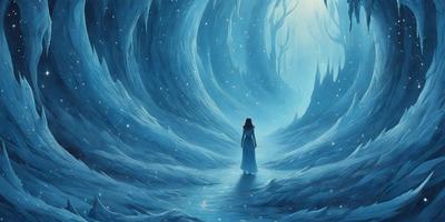 The primary subject of the image is a woman walking through a snowy, icy cave. The setting is a dark, cold environment with a blue hue, giving the scene a mysterious and eerie atmosphere. The visual style is a digital art or illustration, with the woman being the main focus of the image. The colors and mood are predominantly blue, with the woman's dress and the surrounding environment creating a sense of coldness and isolation.
