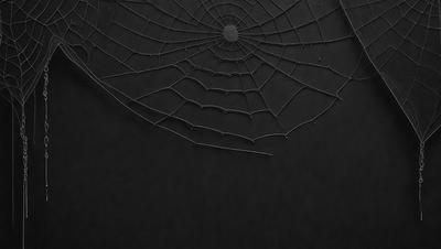 The primary subject of the image is a spider web, which is displayed on a black background. The setting is a dark room, and the visual style is a close-up of the spider web. The image has a creepy and mysterious atmosphere, with the spider web being the main focus of the scene.