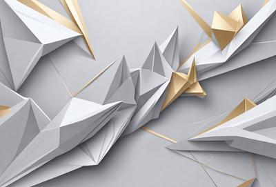 The primary subject of the image is a large, intricate paper sculpture. The sculpture is made up of multiple pieces of paper, creating a complex and visually striking design. The setting is a gray wall, which serves as the backdrop for the paper sculpture. The visual style of the image is a combination of digital art and illustration, as the paper sculpture appears to be a digital creation. The colors and mood of the image are predominantly gray and neutral, with the paper sculpture being the focal point and the main source of visual interest.