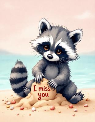 The primary subject of the image is a cute cartoon raccoon sitting on a sandy surface. The setting is a beach, with the backdrop featuring a sandy shore and a body of water. The visual style is a digital art illustration, with the raccoon being the main focus of the image. The colors and mood are warm and inviting, with the sandy surface and the beach environment creating a relaxing and enjoyable atmosphere.