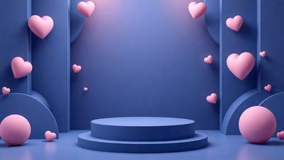 The primary subject of the image is a blue stage with a white pedestal. The stage is adorned with hearts, giving it a romantic and whimsical appearance. The setting is a theater or a stage, and the visual style is a combination of digital art and illustration. The colors and mood of the image are predominantly blue and white, creating a serene and elegant atmosphere.