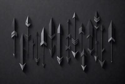 The primary subject of the image is a collection of black arrows. The setting is a black background, and the visual style appears to be a digital art or illustration. The arrows are the main focus of the image, and the overall atmosphere is dark and mysterious.