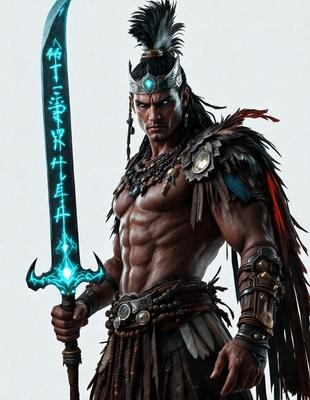 The primary subject of the image is a man wearing a costume, holding a blue sword. The setting is a white background, and the visual style appears to be a digital art or illustration. The man is the main focus of the image, and the overall atmosphere is dramatic and intense.