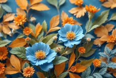 The primary subject of the image is a bouquet of blue and orange flowers. The flowers are arranged in a vase, which is placed on a blue surface. The visual style of the image is a combination of photo and digital art, creating a vibrant and colorful scene. The dominant colors in the image are blue and orange, which evoke a sense of warmth and freshness.