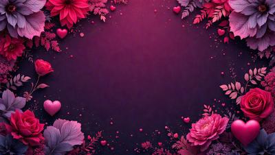 The primary subject of the image is a pink heart-shaped frame with a purple background. The heart is surrounded by a variety of pink flowers, creating a visually appealing and romantic scene. The setting is a close-up of the heart-shaped frame, emphasizing the details of the flowers and the purple background. The visual style is a combination of digital art and illustration, as the heart and flowers are skillfully rendered and placed within the frame. The colors and mood of the image are predominantly pink and romantic, with the heart symbolizing love and the flowers adding a touch of natural beauty.