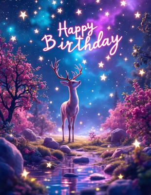 Happy Birthday: A deer with antlers standing in a forest with pink flowers and stars in the background. The deer is the primary subject, and the scene is set in a forest with pink flowers and stars. The visual style is digital art, and the colors and mood are bright and cheerful.