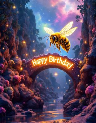 Happy Birthday: [The main object, scene, or focus of the image is a birthday sign with a bee on it, set against a backdrop of a mountainous landscape with a waterfall.]

Digital art: [The image is a digital artwork, featuring a bee on a birthday sign, set against a mountainous landscape with a waterfall.]

Colors and mood:

* The primary colors are orange and purple, which create a warm and celebratory atmosphere.
* The secondary colors include green, blue, and white, which add depth and contrast to the image.
* The overall mood of the image is joyful and festive, as it celebrates a birthday with a unique and creative touch.